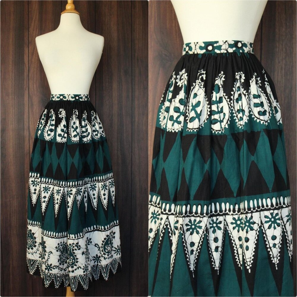 Vintage 1960s 1970s Skirt, Black Teal and White Maxiskirt, Batik Print,